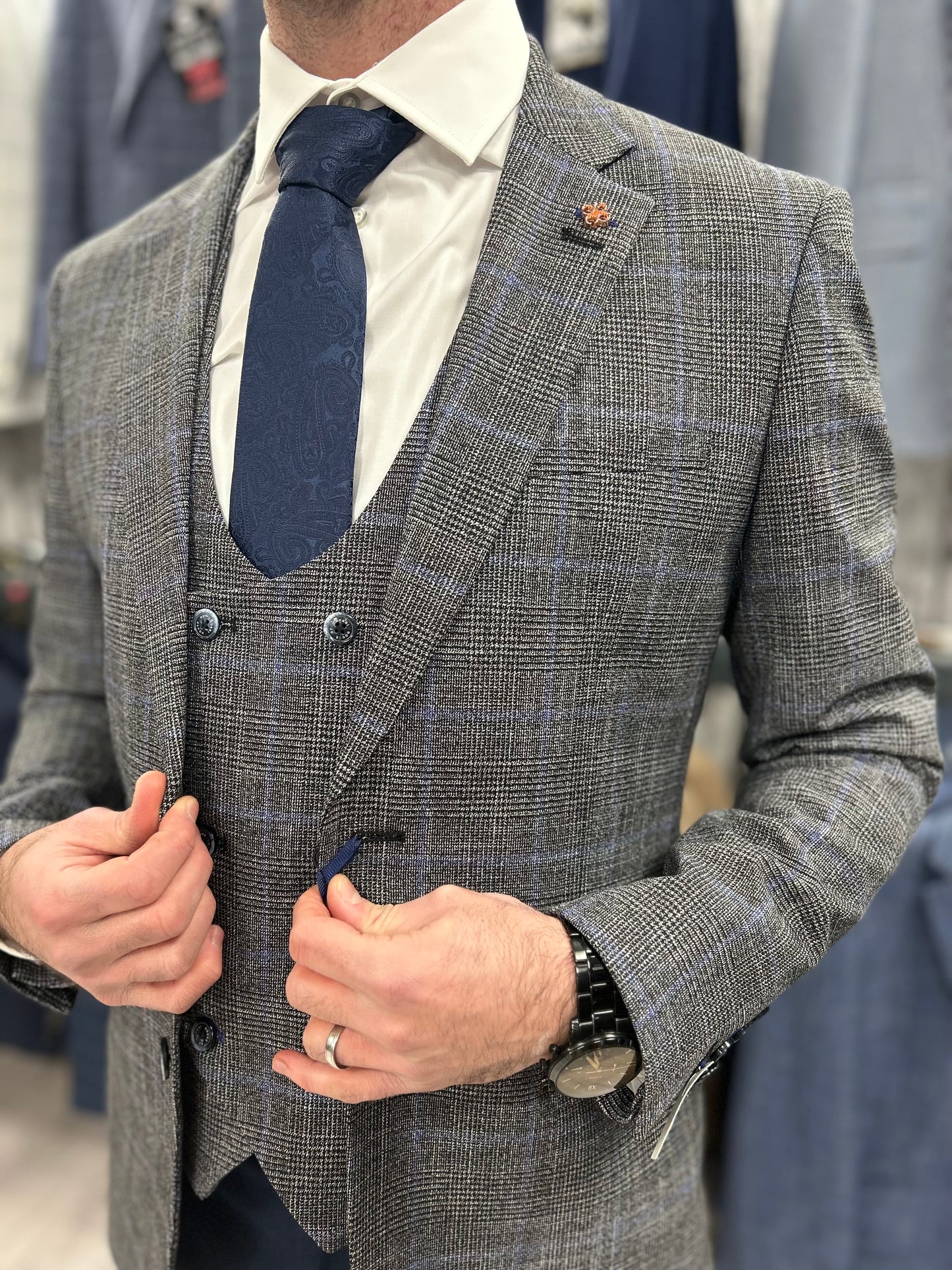 The Dalton Grey Check with navy trouser suit for hire