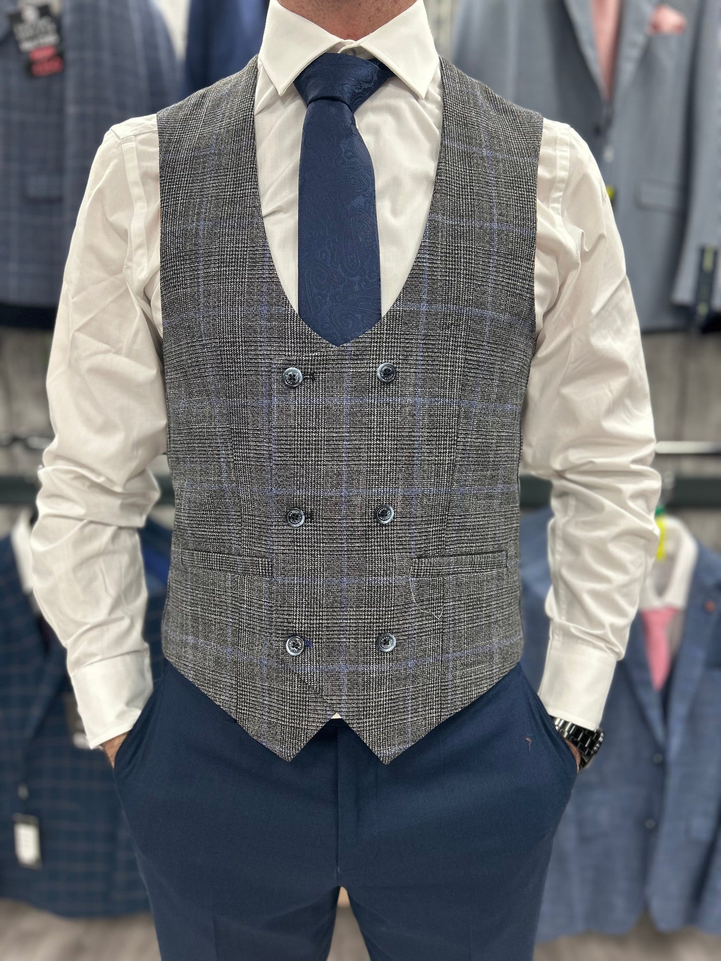 Calvin navy 2 piece with dalton waistcoat suit for hire