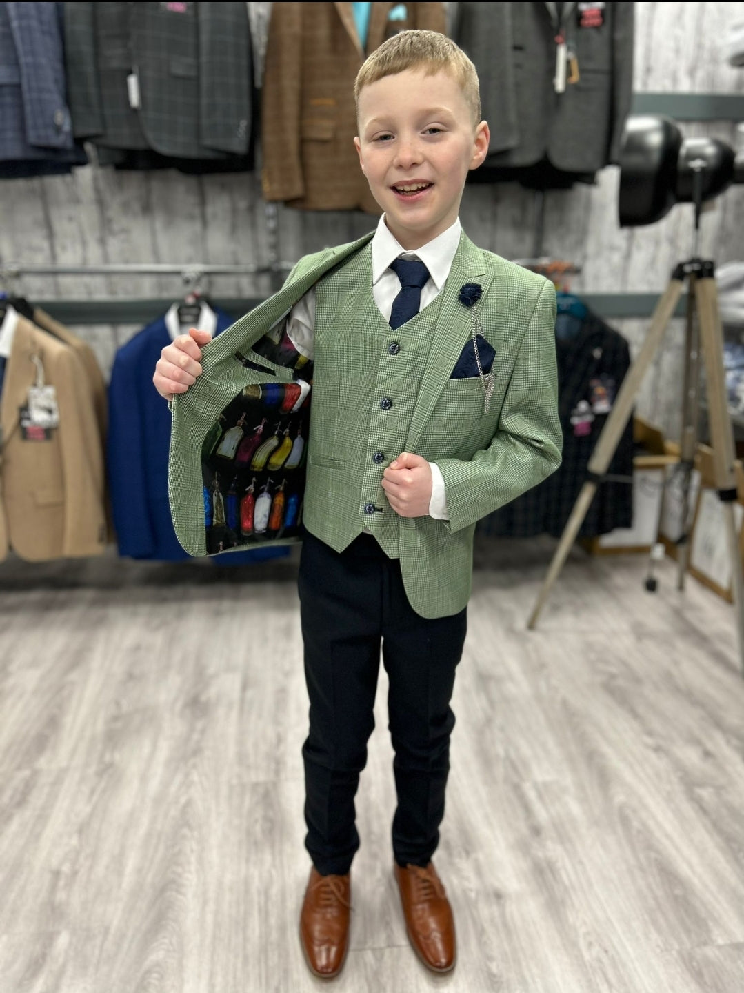 MJ's Sage Micro-Checked Green 3 Piece Suit with navy trouser