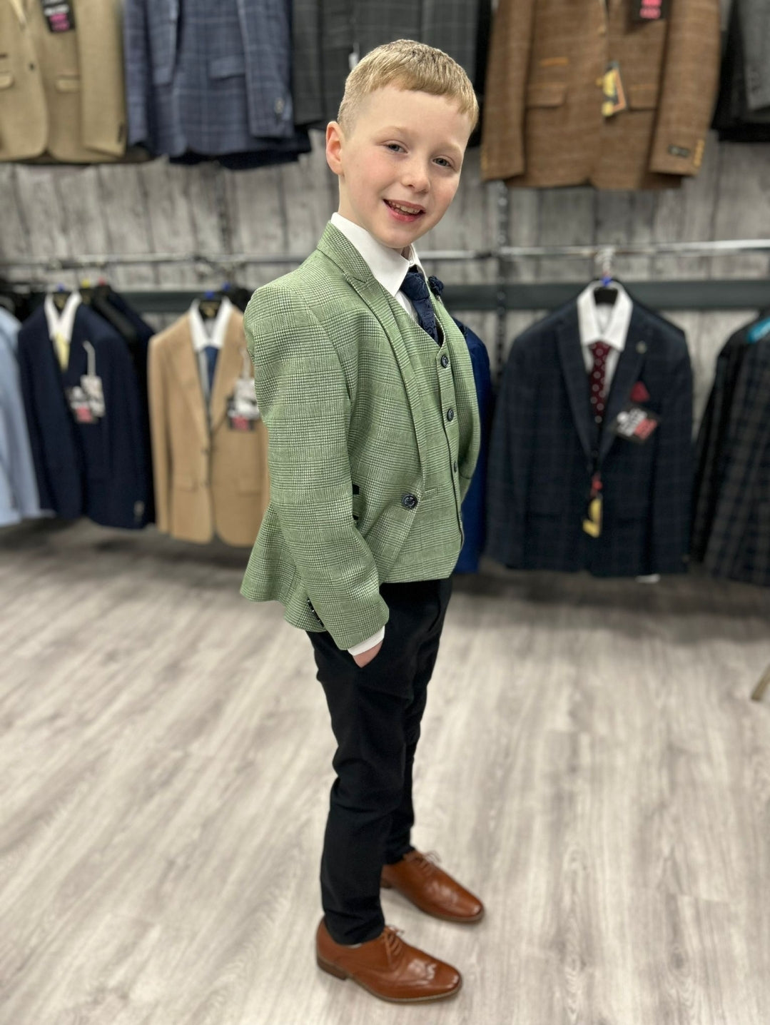 MJ's Sage Micro-Checked Green 3 Piece Suit with navy trouser