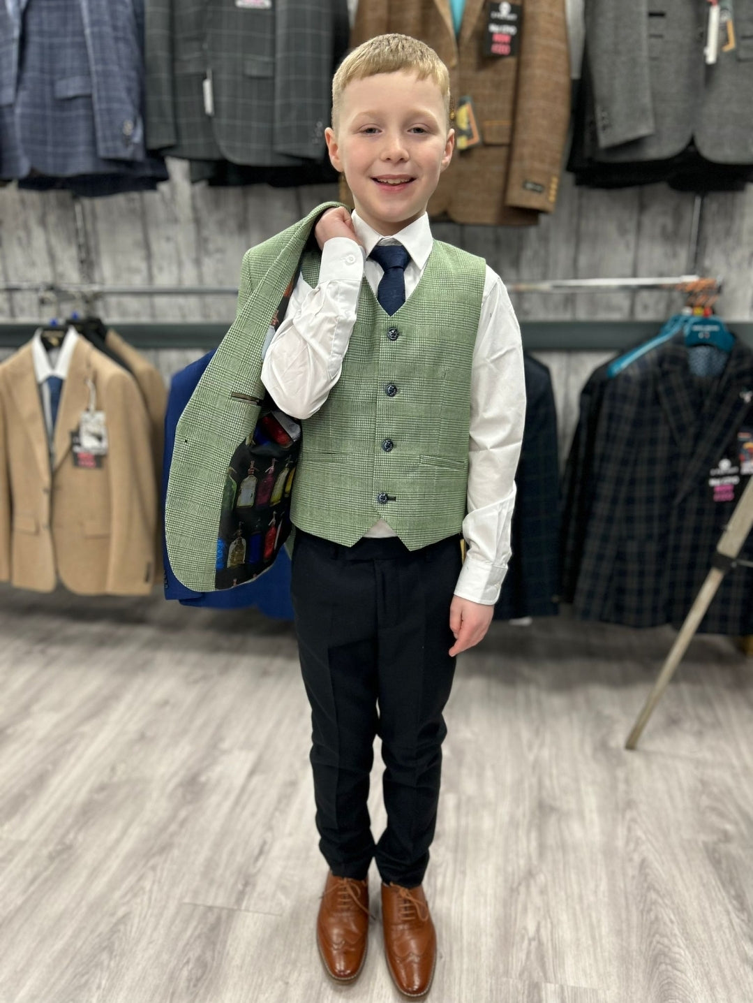 MJ's Sage Micro-Checked Green 3 Piece Suit with navy trouser