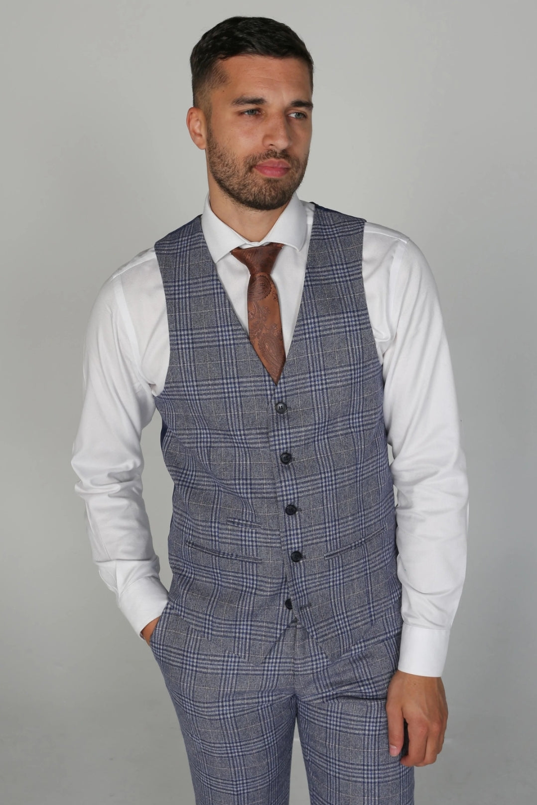 Viktor blue jacket & waistcoat, with calvin blue trouser for hire