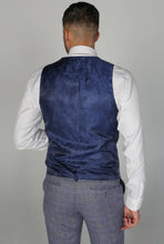 Load image into Gallery viewer, Viktor blue jacket &amp; waistcoat, with calvin blue trouser for hire
