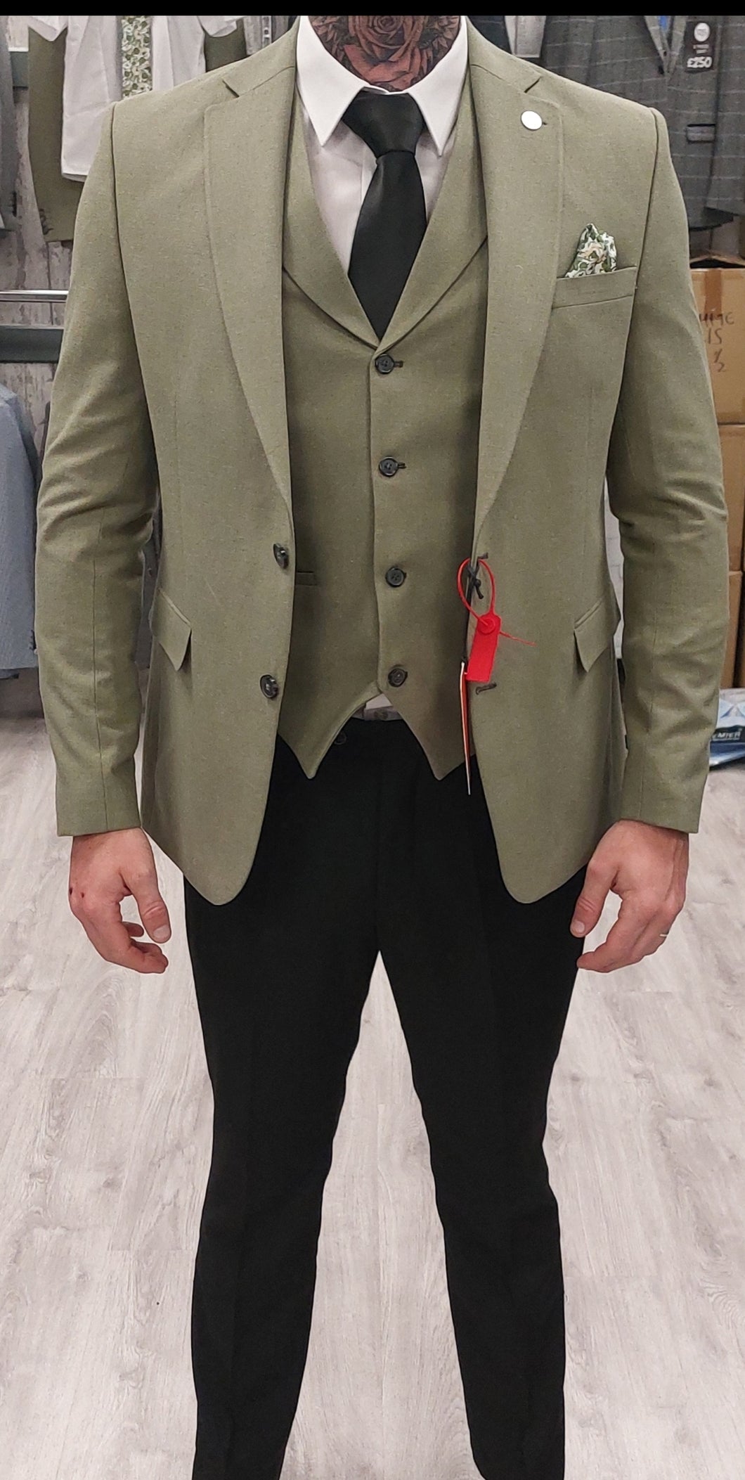 Patrick Sage Linen with Black Trouser suit for hire