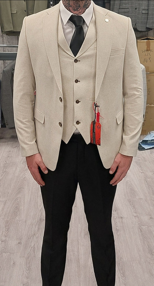 Adam Cream Linen with Black Trouser suit for hire