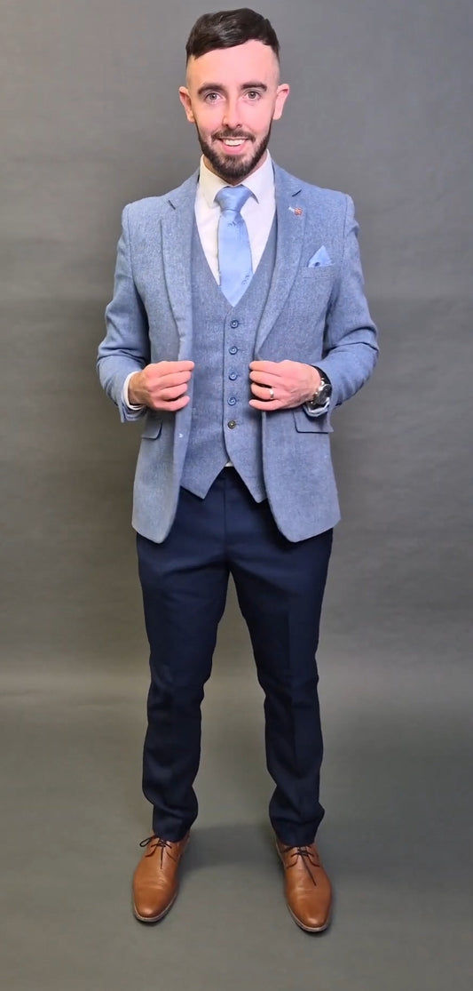 MJ's Blue Tweed jacket & waistcoat, with calvin blue trouser for hire
