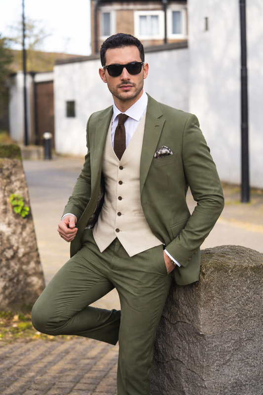 Patrick Sage Linen with cream waistcoat for hire