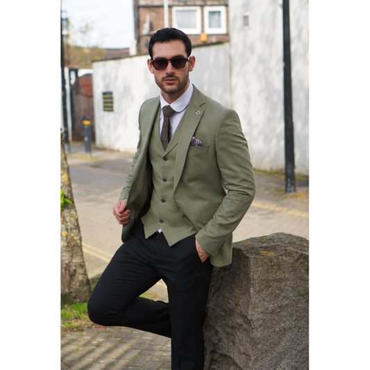 Patrick Sage Linen with Black Trouser suit for hire