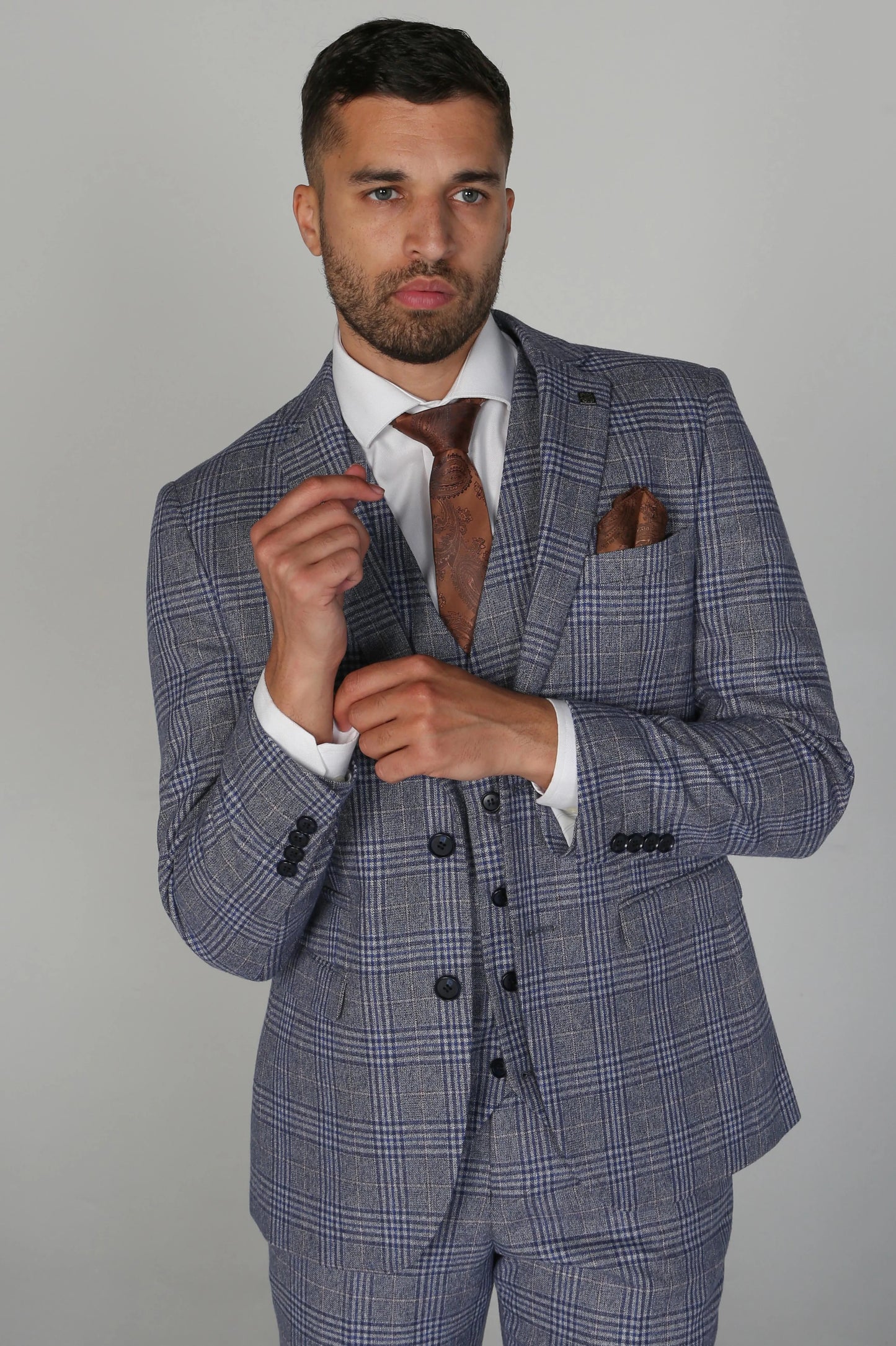 Viktor blue jacket & waistcoat, with calvin blue trouser for hire