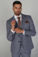 Load image into Gallery viewer, Viktor blue jacket &amp; waistcoat, with calvin blue trouser for hire
