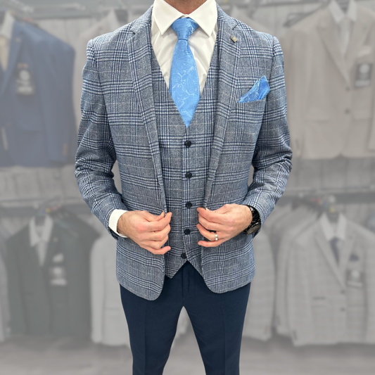 Viktor blue jacket & waistcoat, with calvin blue trouser for hire