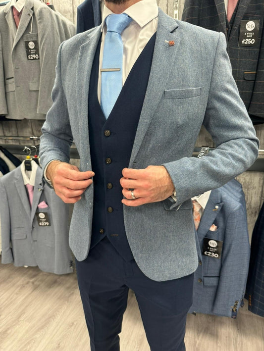 MJ's blue tweed jacket, with calvin blue trouser & waistcoat for hire