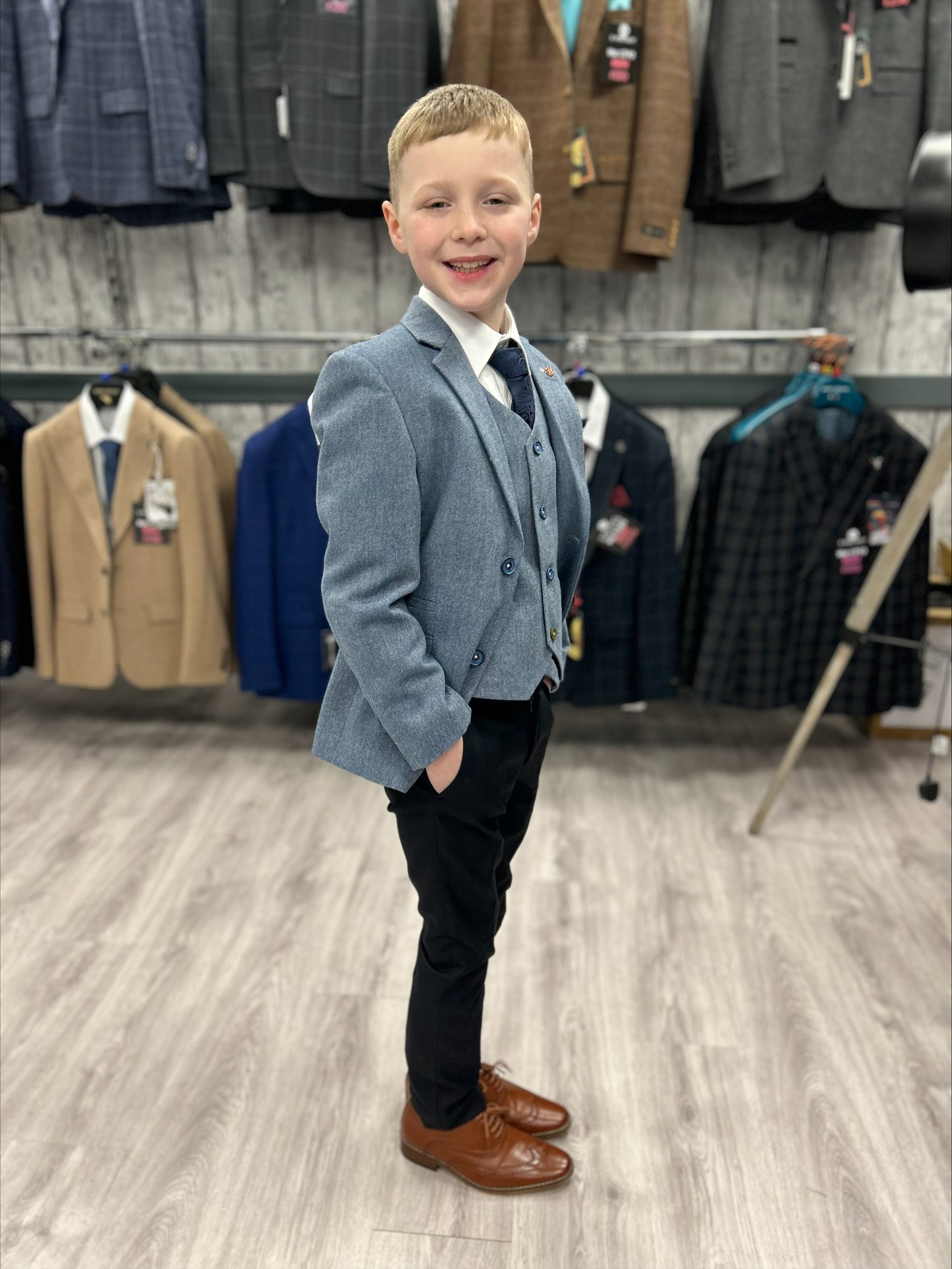 MJ's Light Blue Tweed 3 Piece Suit with navy trouser