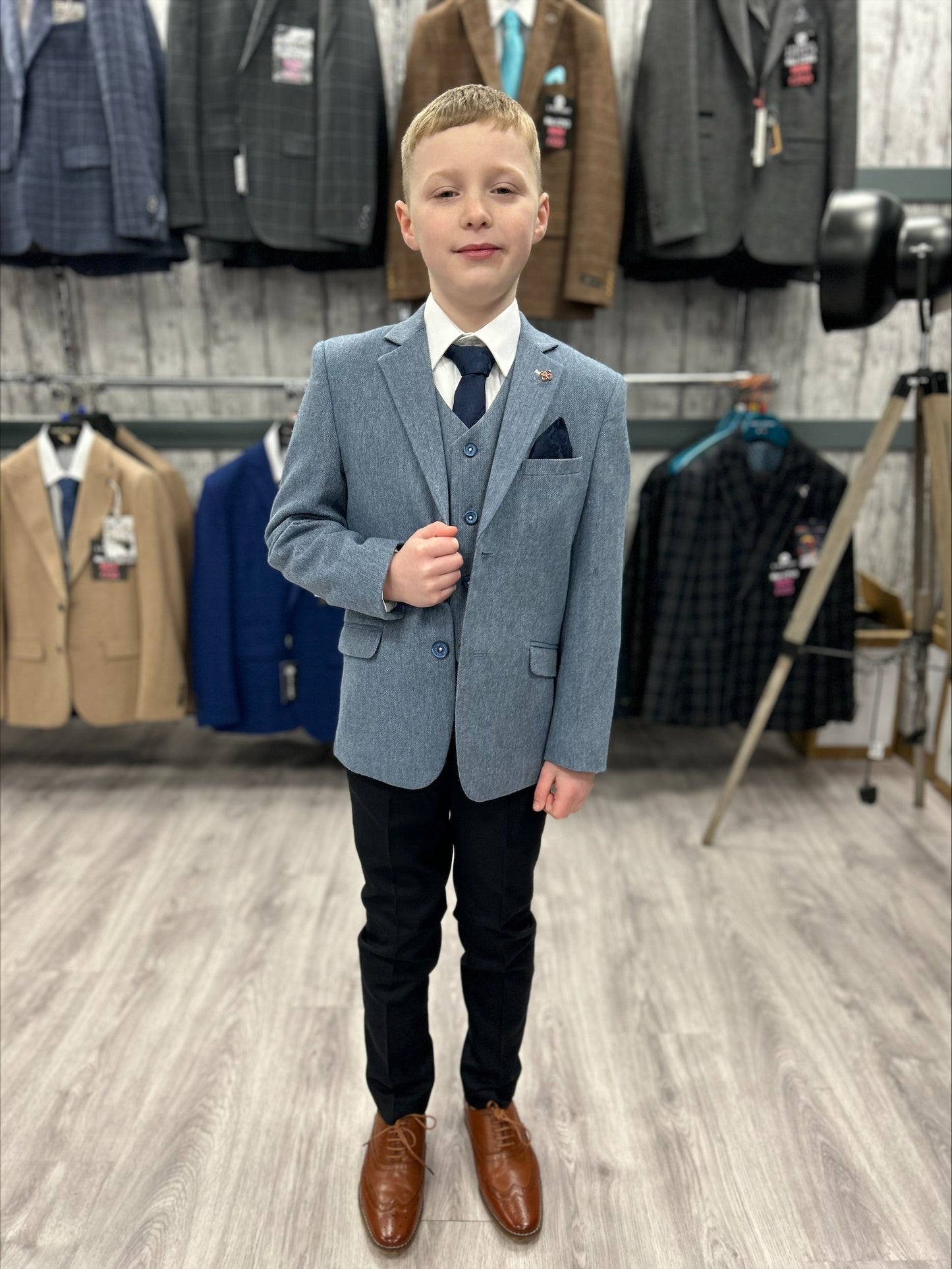 MJ's Blue Tweed with Calvin + Calvin Navy Hire Wedding Quotation