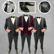 Load image into Gallery viewer, Wine Velvet Tux + Harry Tux Hire Wedding Quotation
