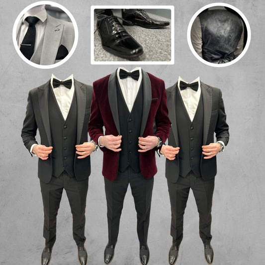 Wine Velvet Tux Jacket and black satin waistcoat + Harry Tux Hire Wedding Quotation