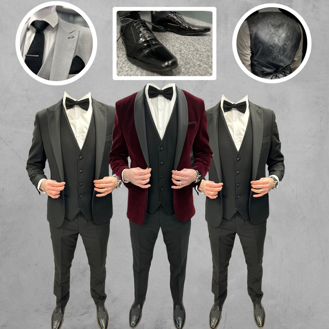 Wine Velvet Tux Jacket and black satin waistcoat + Harry Tux Hire Wedding Quotation