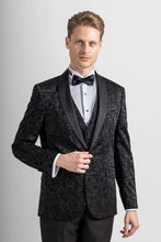 Load image into Gallery viewer, Black Floral tuxedo jacket &amp; waistcoat, with black trouser 3 piece suit for hire
