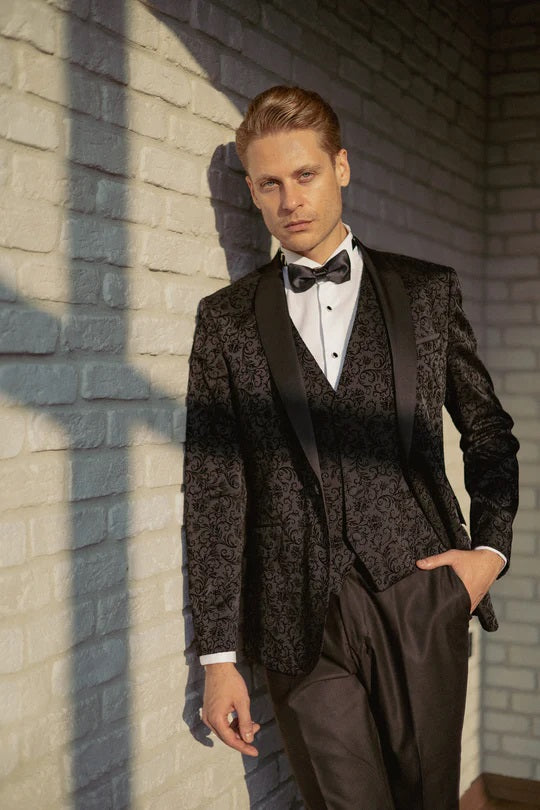 Floral Black Tux 3 Piece Suit