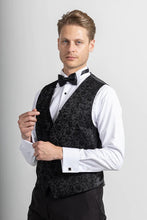 Load image into Gallery viewer, Black Floral tuxedo jacket &amp; waistcoat, with black trouser 3 piece suit for hire
