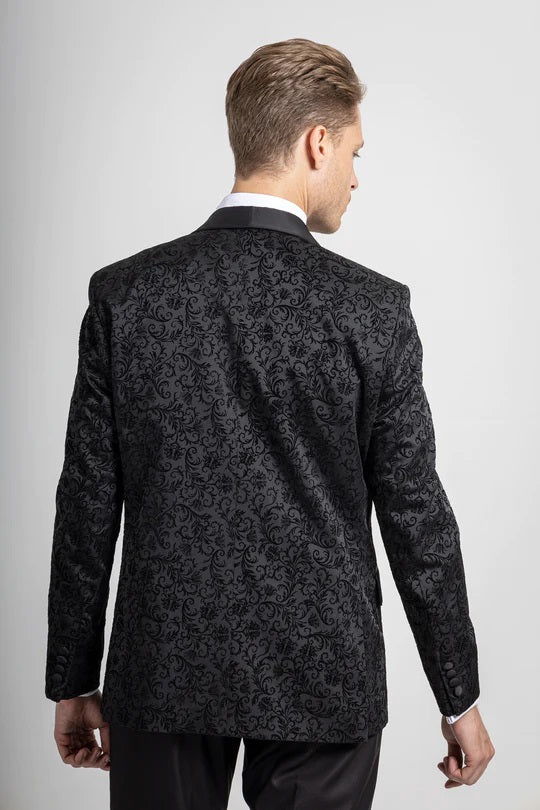 Black Floral tuxedo jacket & waistcoat, with black trouser 3 piece suit for hire