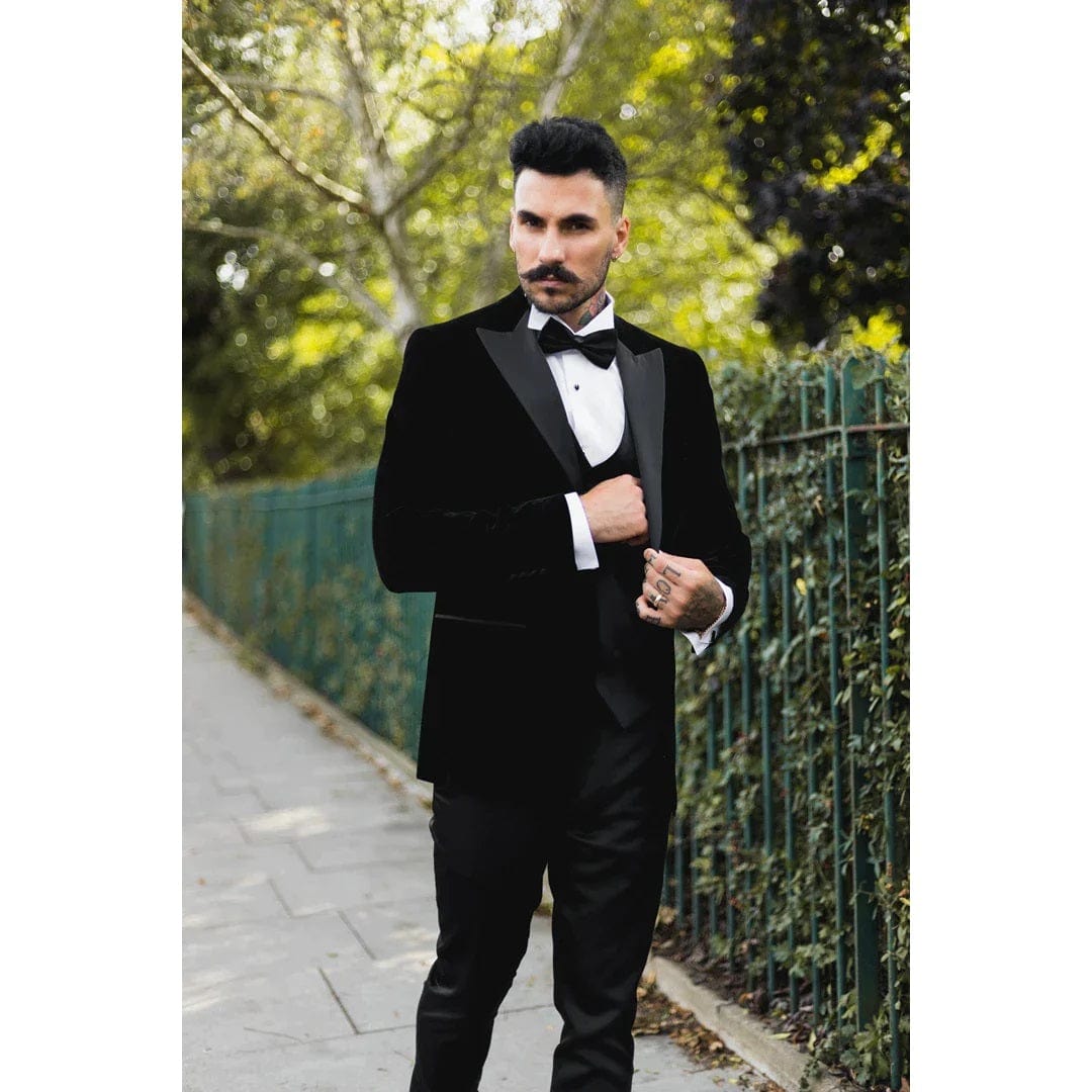 Black Velvet tuxedo jacket, with black waistcoat & trouser 3 piece suit for hire