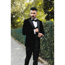 Load image into Gallery viewer, Black Velvet tuxedo jacket, with black waistcoat &amp; trouser 3 piece suit for hire
