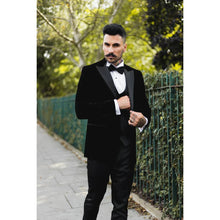 Load image into Gallery viewer, Black Velvet Tux Jacket and black satin waistcoat + Harry Tux Hire Wedding Quotation
