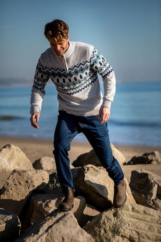 Grey and Blue Fairisle Quarter Zip Jumper