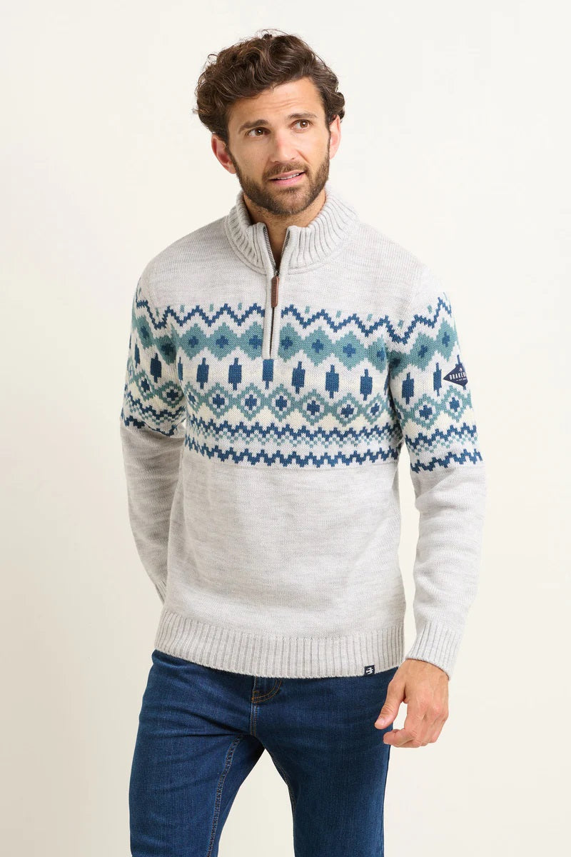 Grey and Blue Fairisle Quarter Zip Jumper