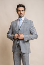 Load image into Gallery viewer, Arriga Light Grey Checked 3 Piece Suit With Navy Trouser
