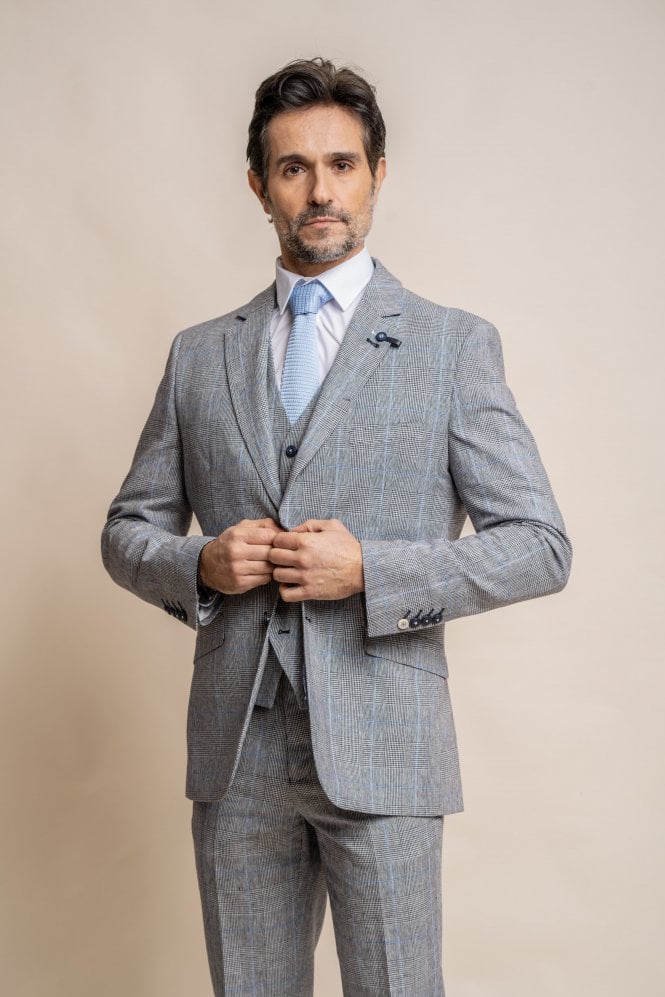 Arriga Light Grey Checked 3 Piece Suit With Navy Trouser