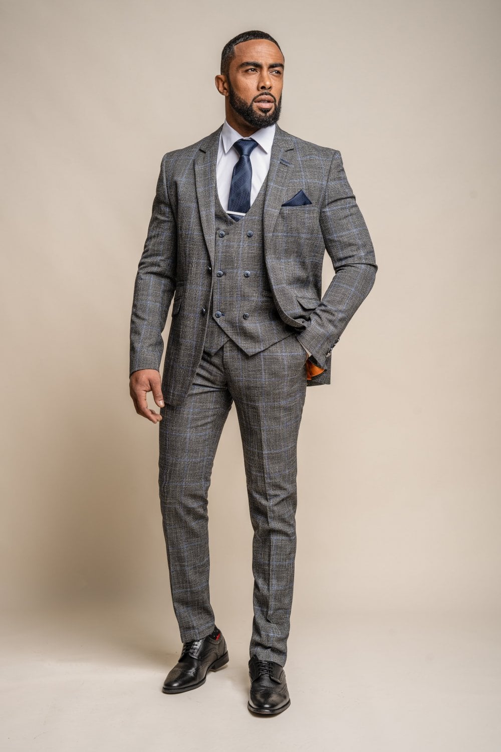 Power Grey Checked 3 Piece suit for hire (Price includes £40 deposit)