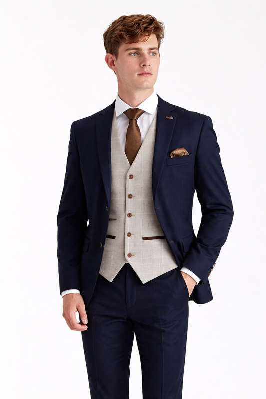 Mayfair Navy 2 Piece with Leo Beige for hire