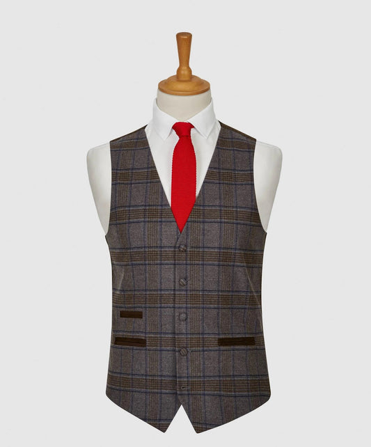 Multi check waistcoat brown