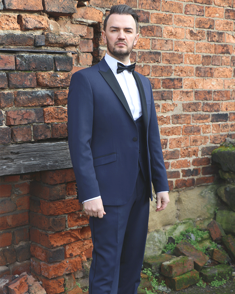Navy velvet tuxedo wedding quote
