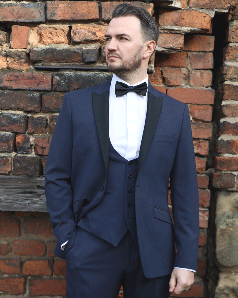 Navy velvet tuxedo wedding quote