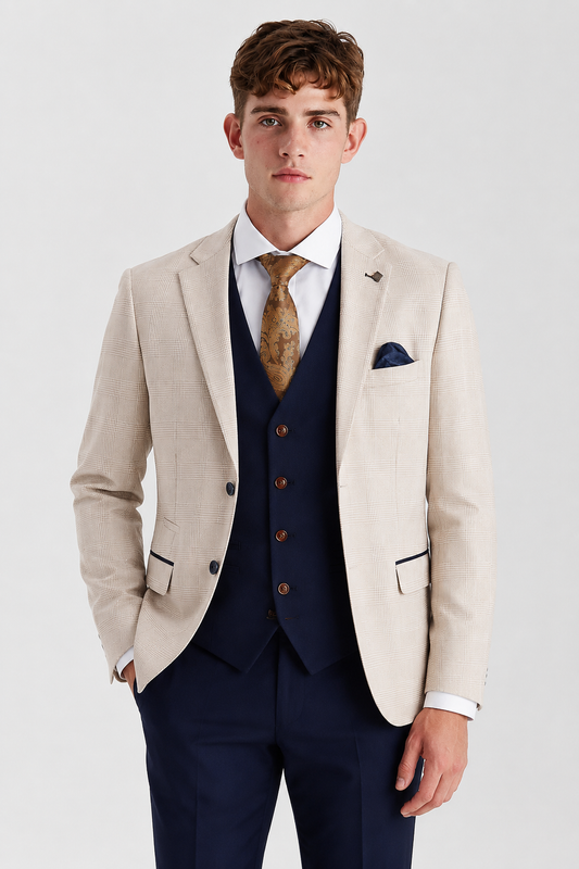 Regent Cream Jacket with navy waistcoat and trouser