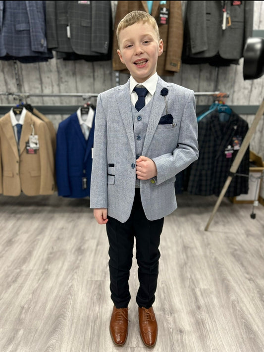 MJ’s Sky Blue Micro Check 3‑Piece Suit with Navy Trousers