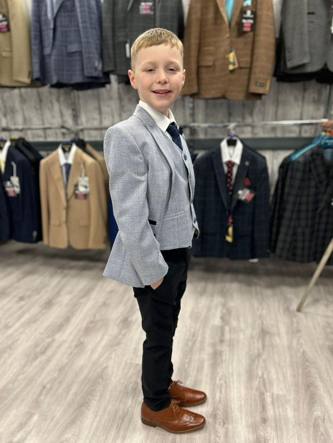 MJ’s Sky Blue Micro Check 3‑Piece Suit with Navy Trousers