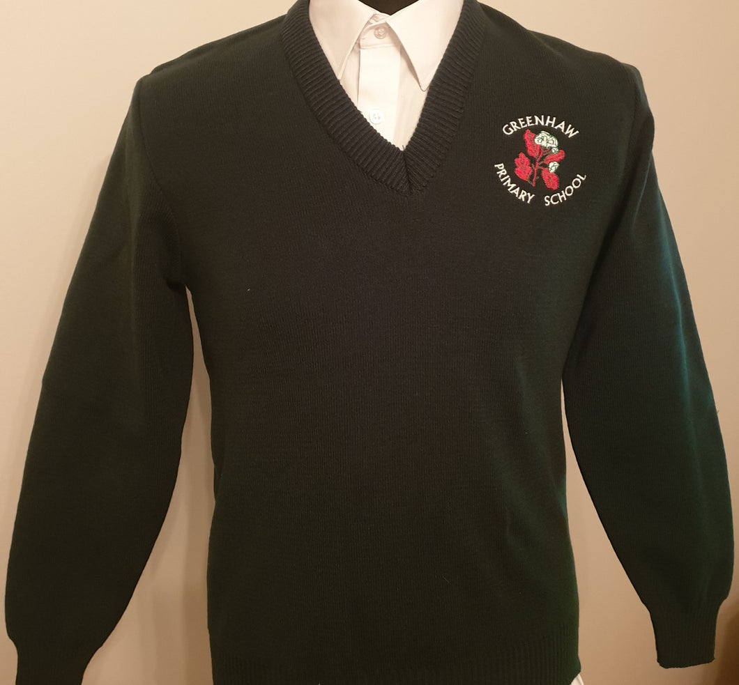 Greenhaw PS Deerpark knitted bottle green v-neck jumper