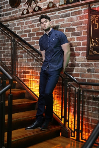 Outrage Booth Short Sleeve Shirt Navy Print - MJ's Menswear Derry