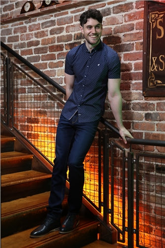 Outrage Booth Short Sleeve Shirt Navy Print - MJ's Menswear Derry