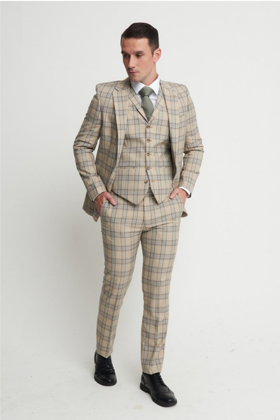 Vauxhall Beige Check 3 Piece Suit