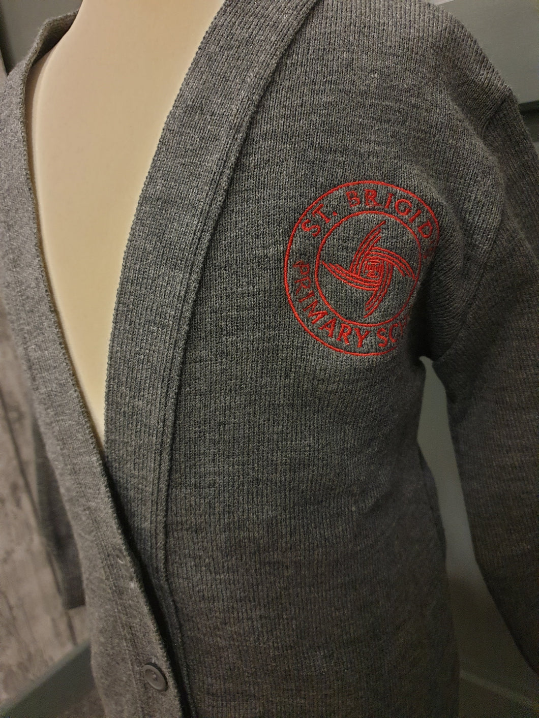 St Brigid's (Carnhill) PS Deerpark knitted grey V-neck cardigan