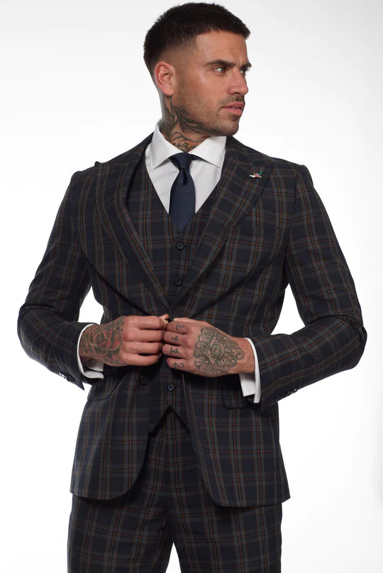 Otis Navy & Brown Check 3 Piece Suit